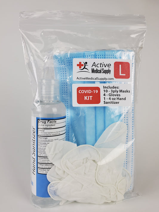 COVID19 PPE Kit - 10 3Ply Masks - 4 Gloves - 1 Hand Sanitizer